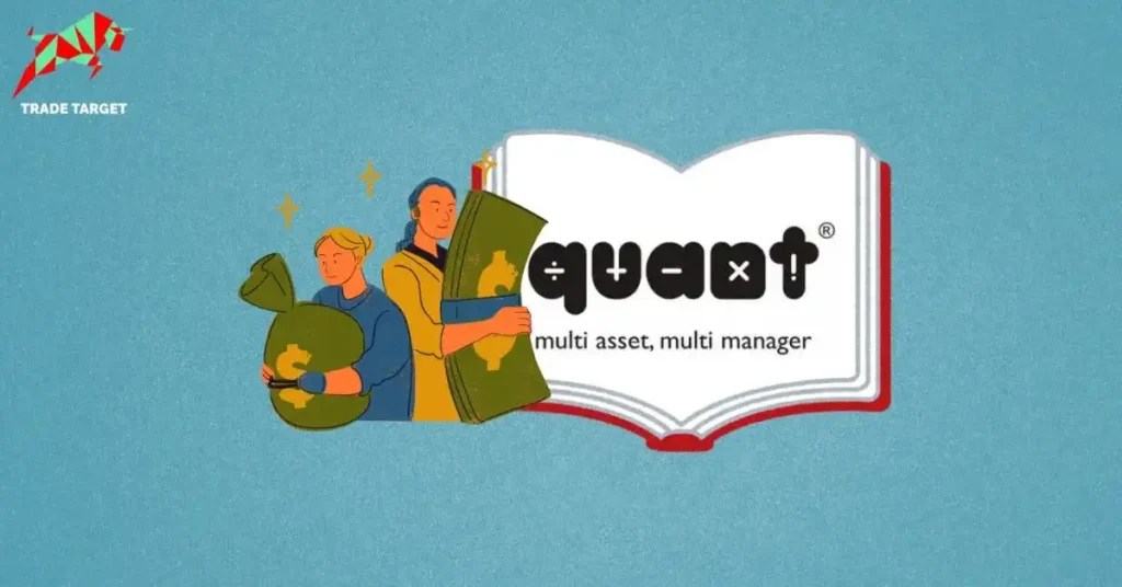 Two investors holding money and a bag of cash next to the "quant" multi-asset book, symbolizing Quant Small-Cap Fund Holdings.