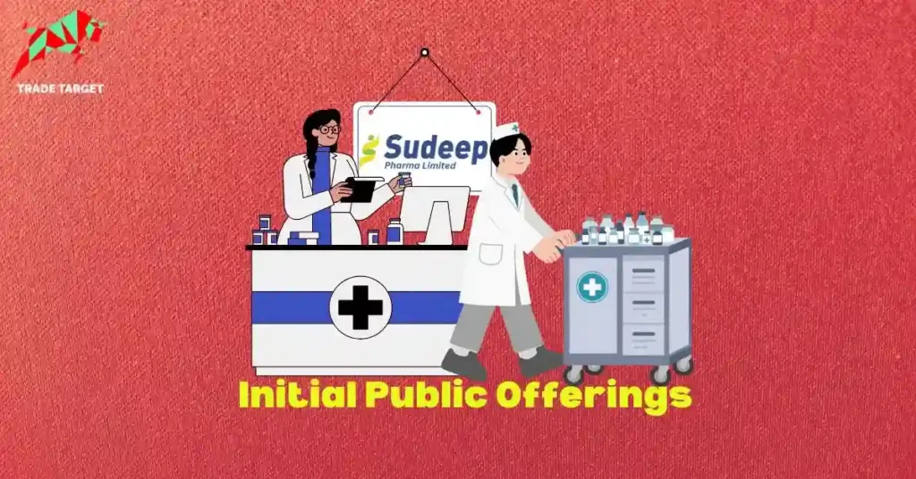 Medical professionals at "Sudeep Pharma Limited" booth with "Initial Public Offerings" text, connecting to Sudeep Pharma IPO GMP Today.