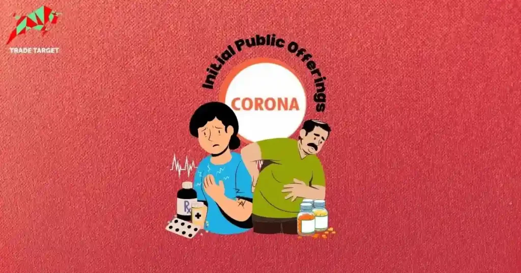 Two worried individuals with medicine bottles and "Initial Public Offerings Corona" text, illustrating the Corona Remedies IPO GMP.