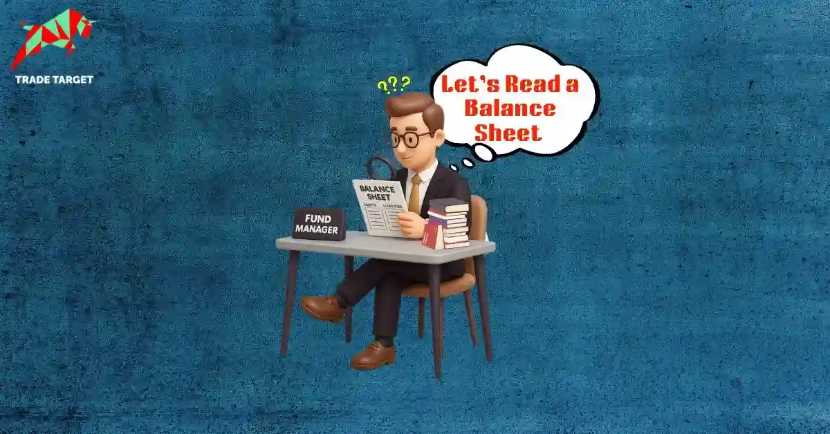 A perplexed Fund Manager is sitting at his desk, analyzing a balance sheet document to read a balance sheet like a fund manager.
