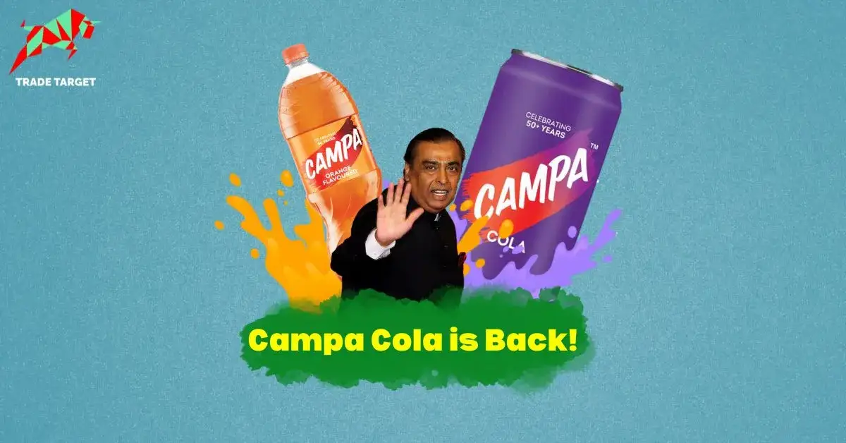 Mukesh Ambani with red soda bottles for the Campa Cola comeback, showcasing the 50-year Indian brand's 2026 revival.