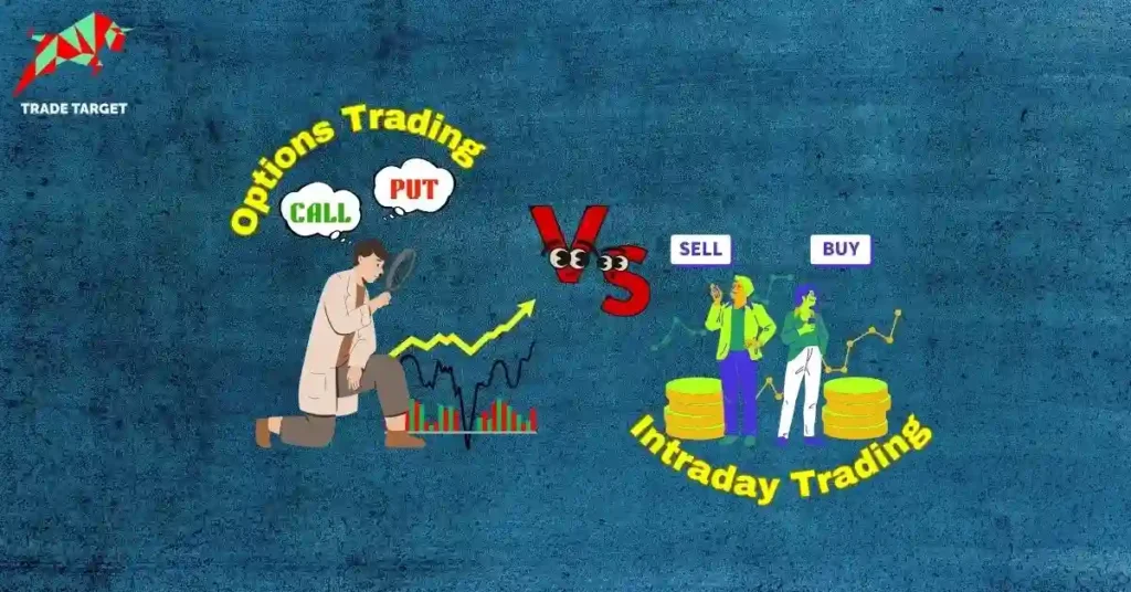 Graphic comparing Option Trading vs Intraday Trading featuring market charts, call/put options, and daily stock buyers.