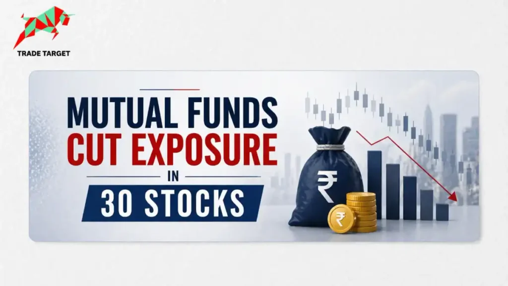 A bearish stock chart and Rupee money bag illustrating why mutual funds cut stakes in 30 stocks this month.