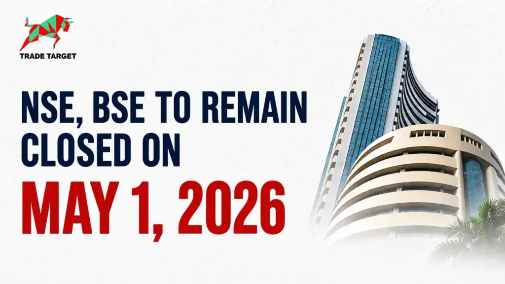 BSE Phiroze Jeejeebhoy Towers with text announcing a stock market holiday next week on May 1, 2026.