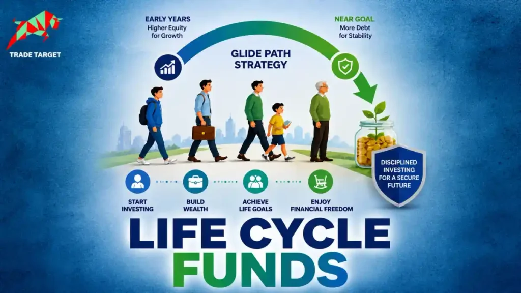 Infographic showing the glide path strategy of SEBI life cycle funds 2026, transitioning from equity to debt over time.