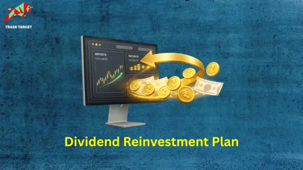 A computer screen showing Infosys units increasing via a golden arrow, illustrating what is a dividend reinvestment plan.