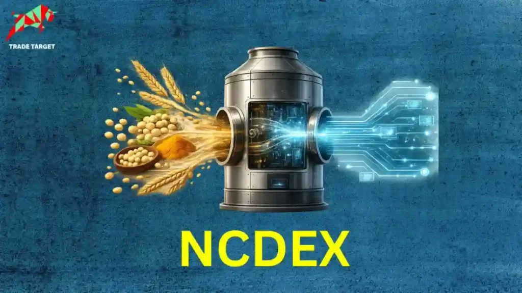 Agricultural commodities flowing into a digital machine, illustrating what is NCDEX meaning and its electronic trading system.